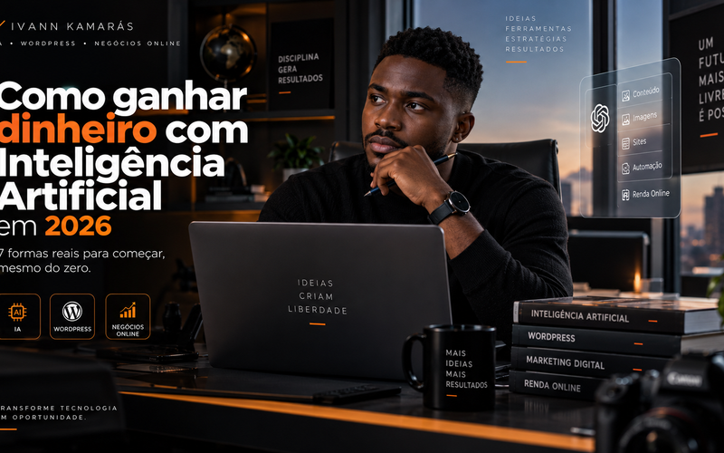 Hero banner showing a man at a desk with a laptop, books, and a city view, promoting 'Como ganhar dinheiro com Inteligência Artificial em 2026' for AI business mastery.