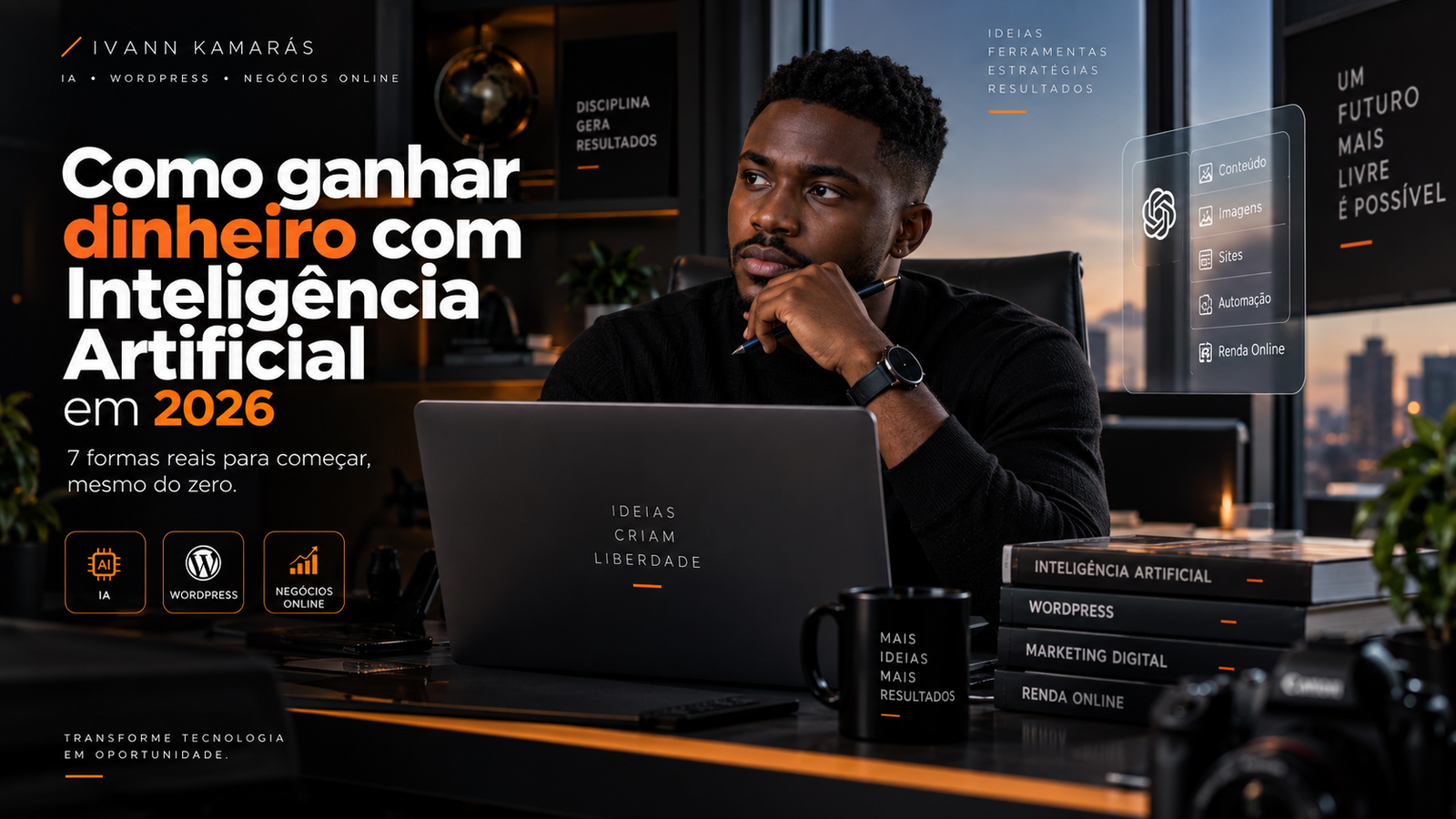 Hero banner showing a man at a desk with a laptop, books, and a city view, promoting 'Como ganhar dinheiro com Inteligência Artificial em 2026' for AI business mastery.
