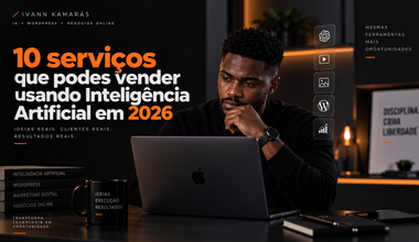 Hero image: a focused man at a laptop in a dark workspace with bold orange and white headline about 10 AI-powered services to sell in 2026, creating a professional tech vibe.
