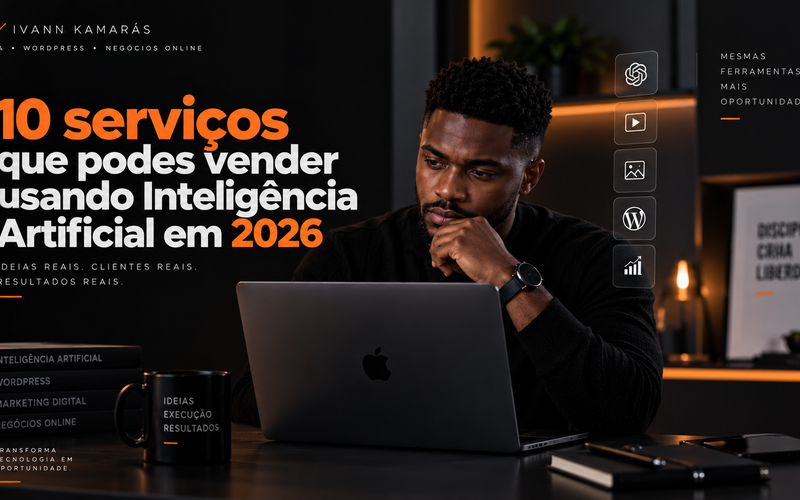 Hero image: a focused man at a laptop in a dark workspace with bold orange and white headline about 10 AI-powered services to sell in 2026, creating a professional tech vibe.