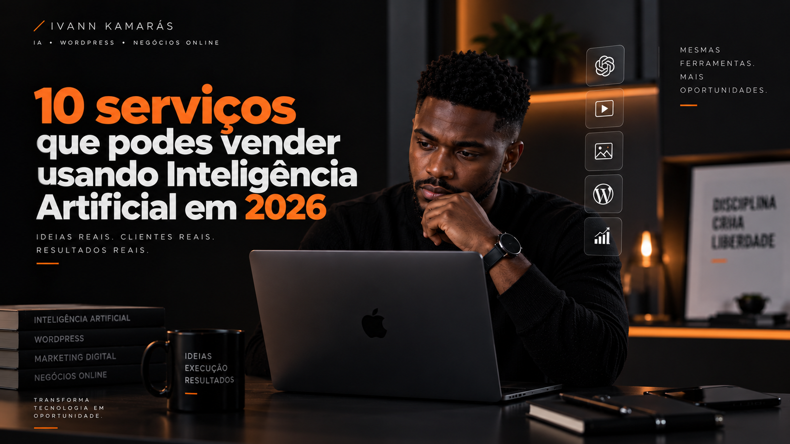 Hero image: a focused man at a laptop in a dark workspace with bold orange and white headline about 10 AI-powered services to sell in 2026, creating a professional tech vibe.