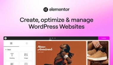 Promotional banner for Elementor: 'Create, optimize & manage WordPress Websites' with a preview of the site builder UI on a pink gradient background.