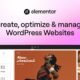 Promotional banner for Elementor: 'Create, optimize & manage WordPress Websites' with a preview of the site builder UI on a pink gradient background.